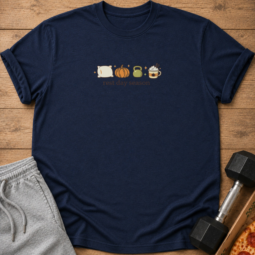 Navy t-shirt with pillow, pumpkin, kettlebell, and latte graphics and text.