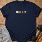Navy t-shirt with pillow, pumpkin, kettlebell, and latte graphics and text.