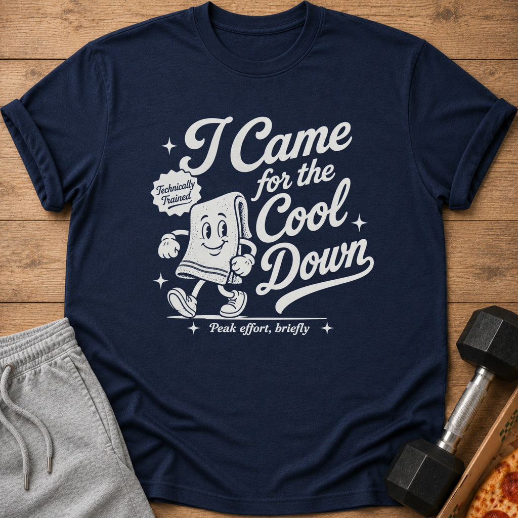 Navy t-shirt with graphic of a towel saying "I Came for the Cool Down"