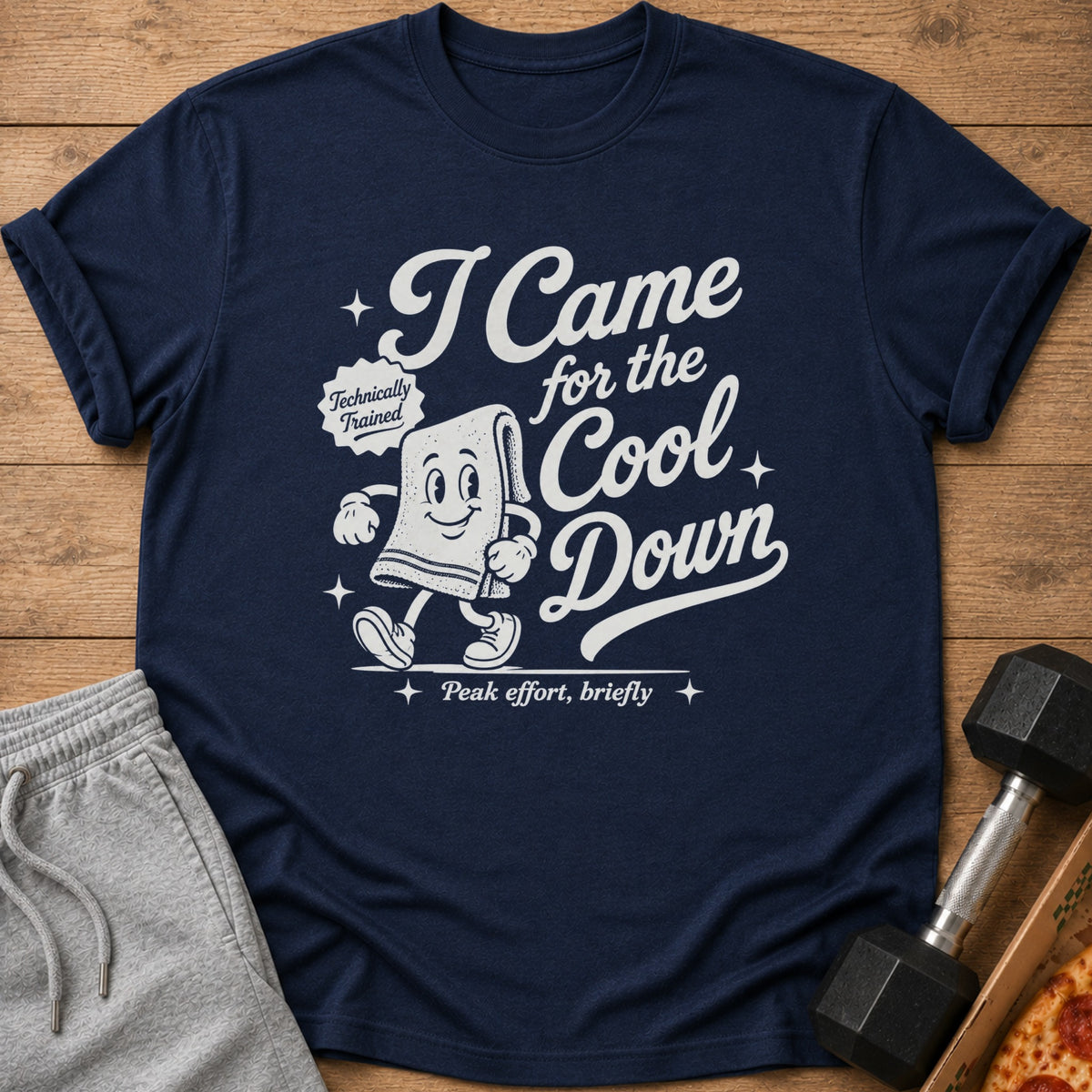 Navy t-shirt with graphic of a towel saying "I Came for the Cool Down"