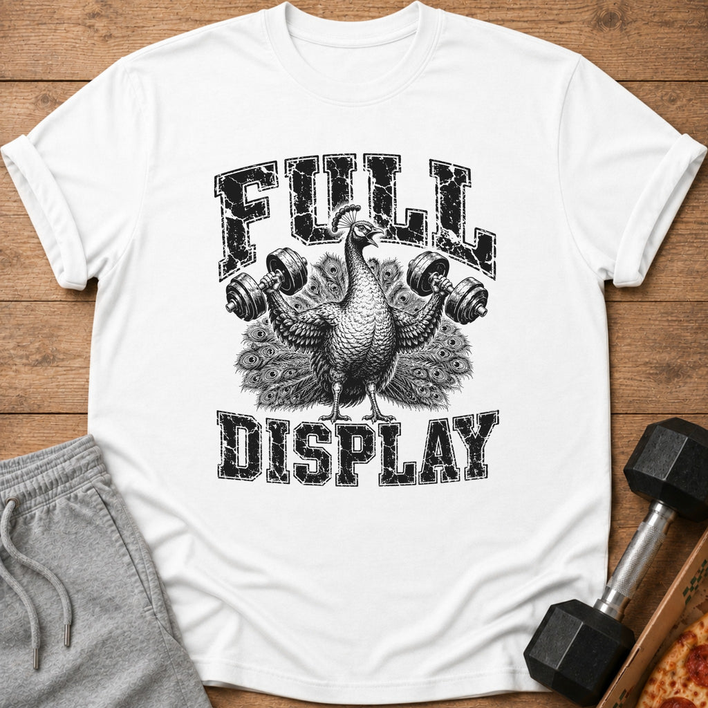White t-shirt with a distressed graphic of a peacock lifting dumbbells, text reads "FULL DISPLAY".