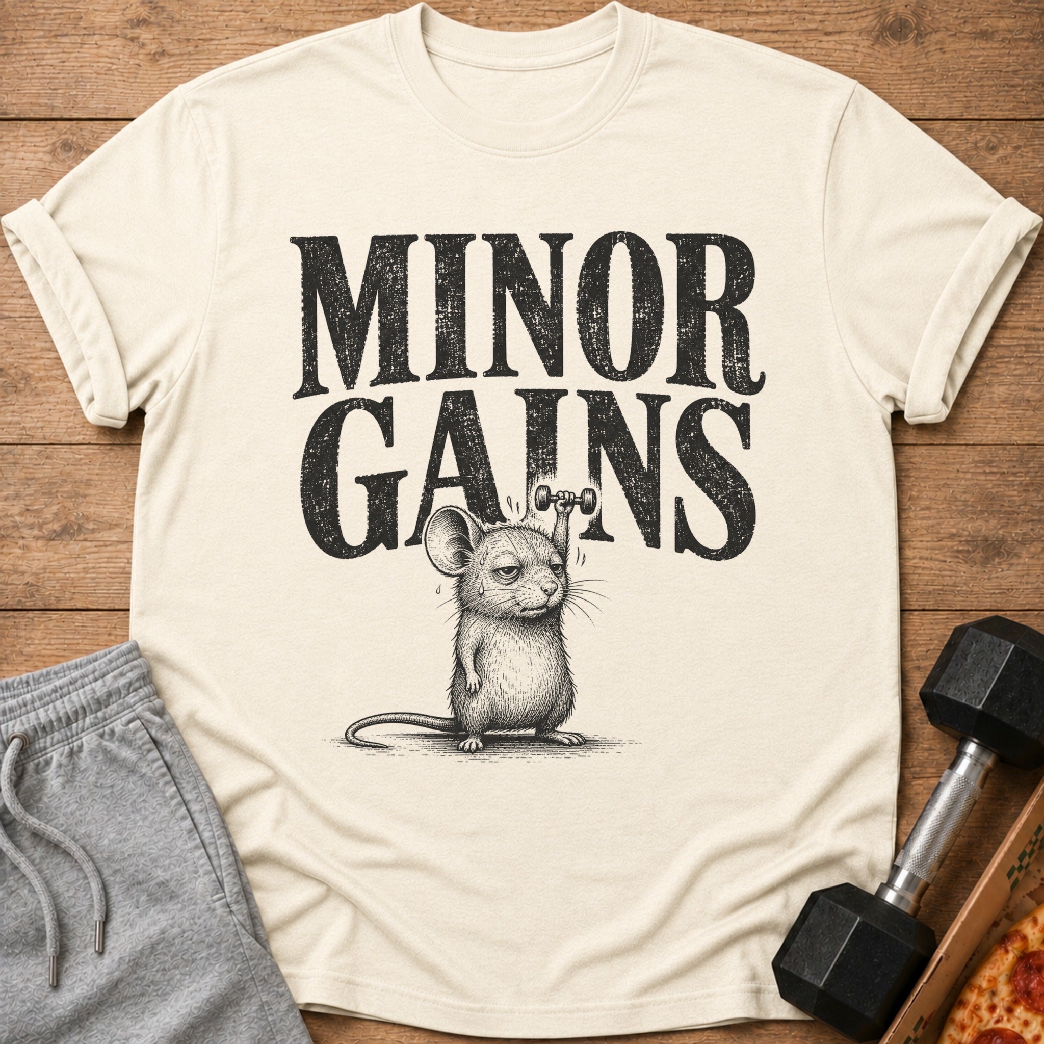Cream t-shirt with "MINOR GAINS" text and a mouse lifting a dumbbell.