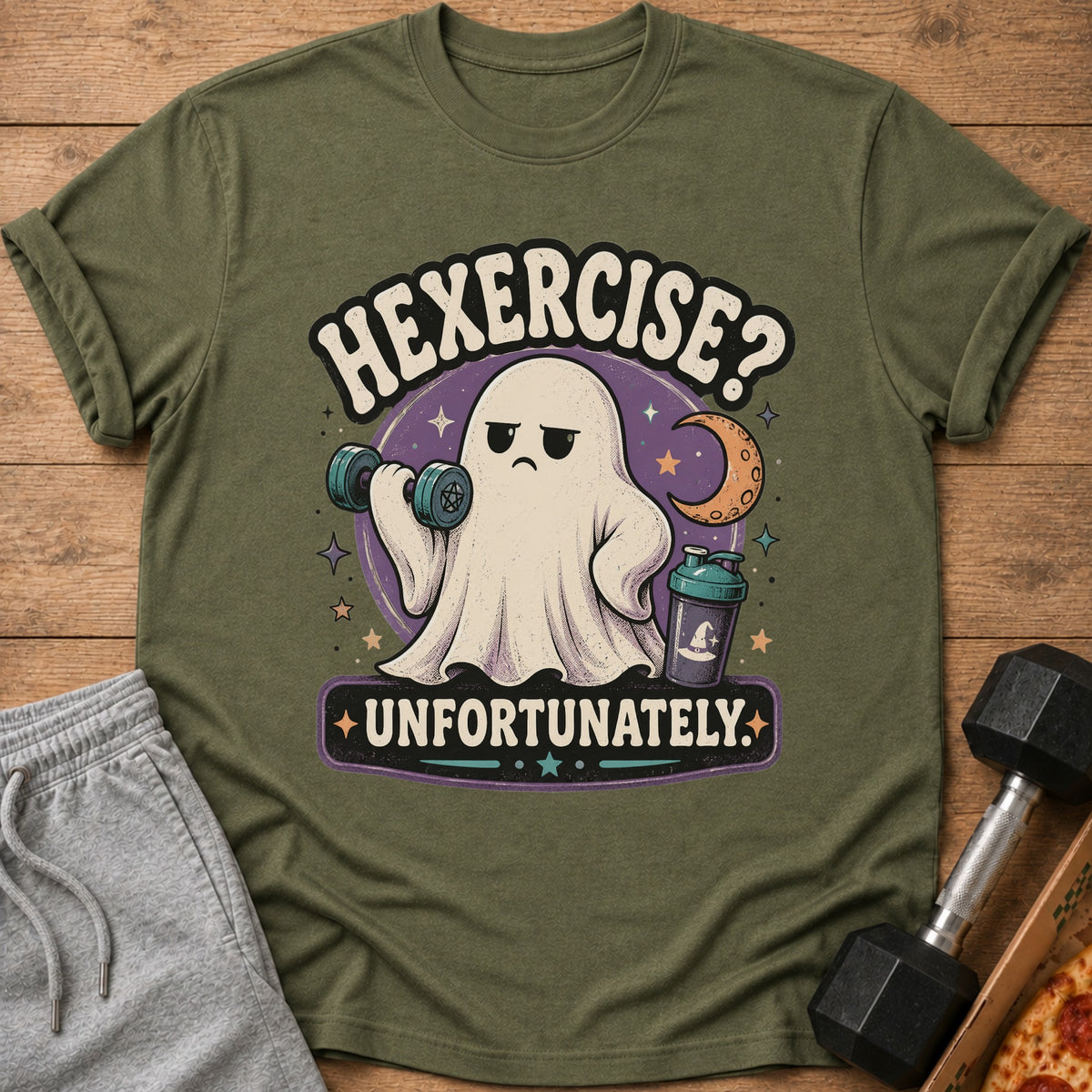Ghost lifting dumbbell with text "Hexercise? Unfortunately."