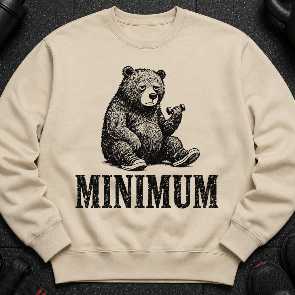 Beige sweatshirt with a distressed print of a bear lifting a dumbbell and the word "MINIMUM".
