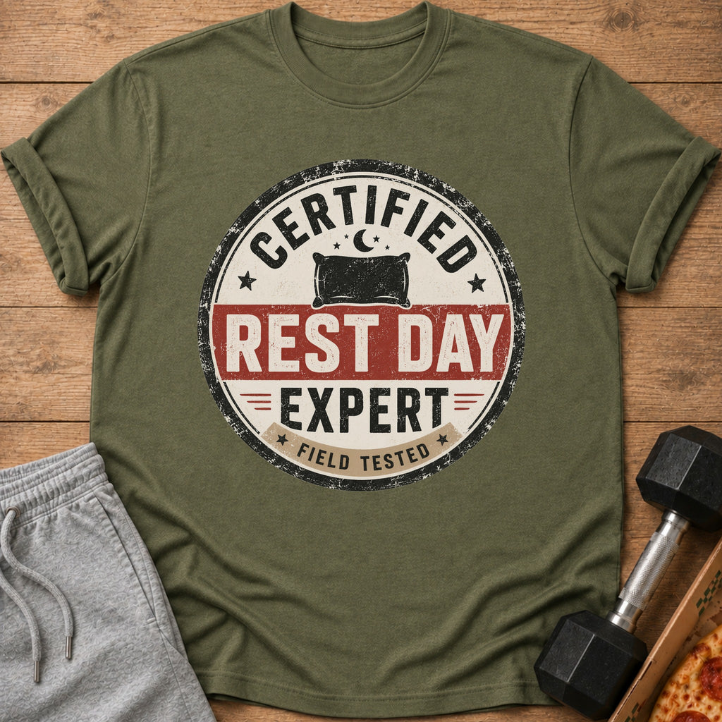 Olive green t-shirt with "Certified Rest Day Expert Field Tested" text and pillow graphic.