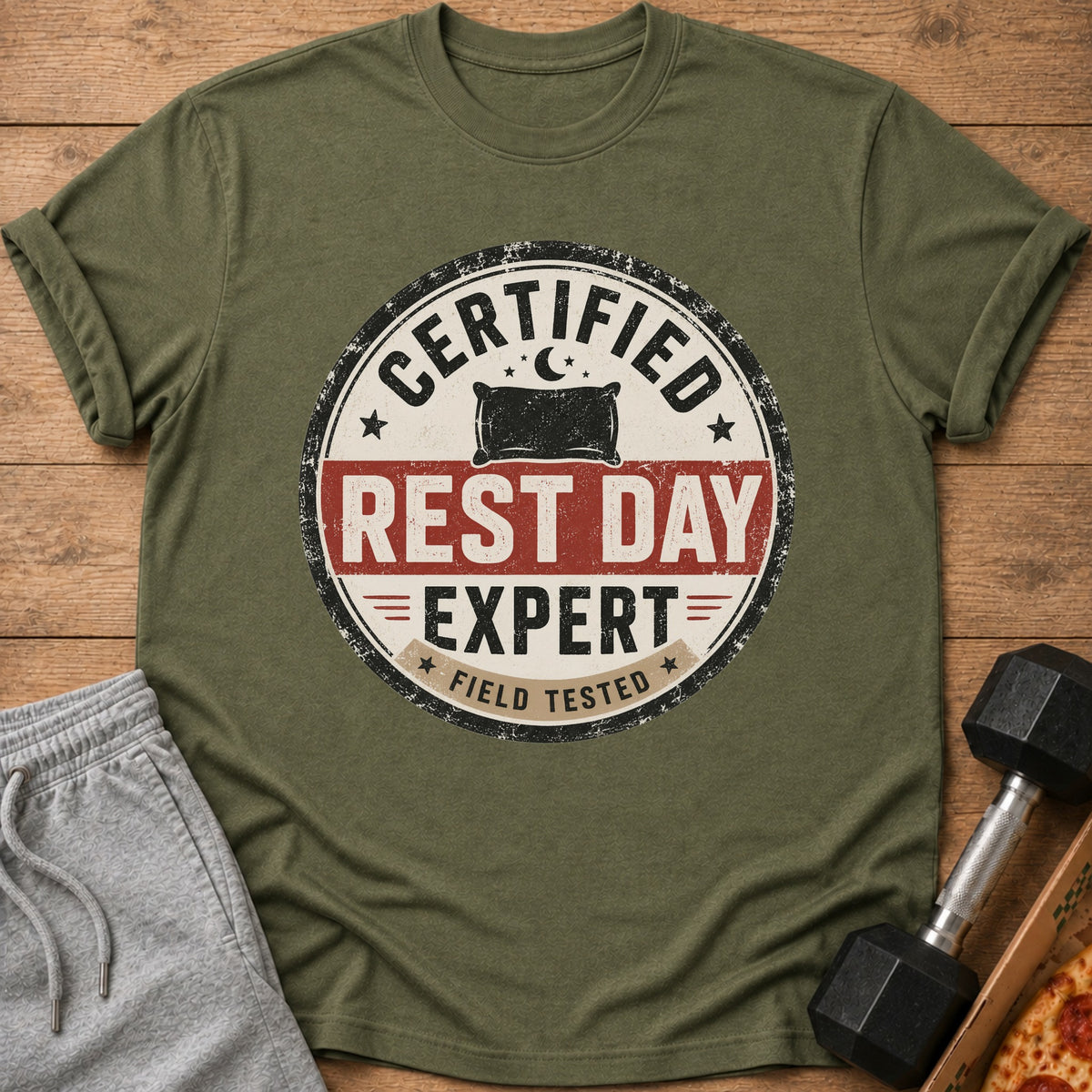 Olive green t-shirt with "Certified Rest Day Expert Field Tested" text and pillow graphic.