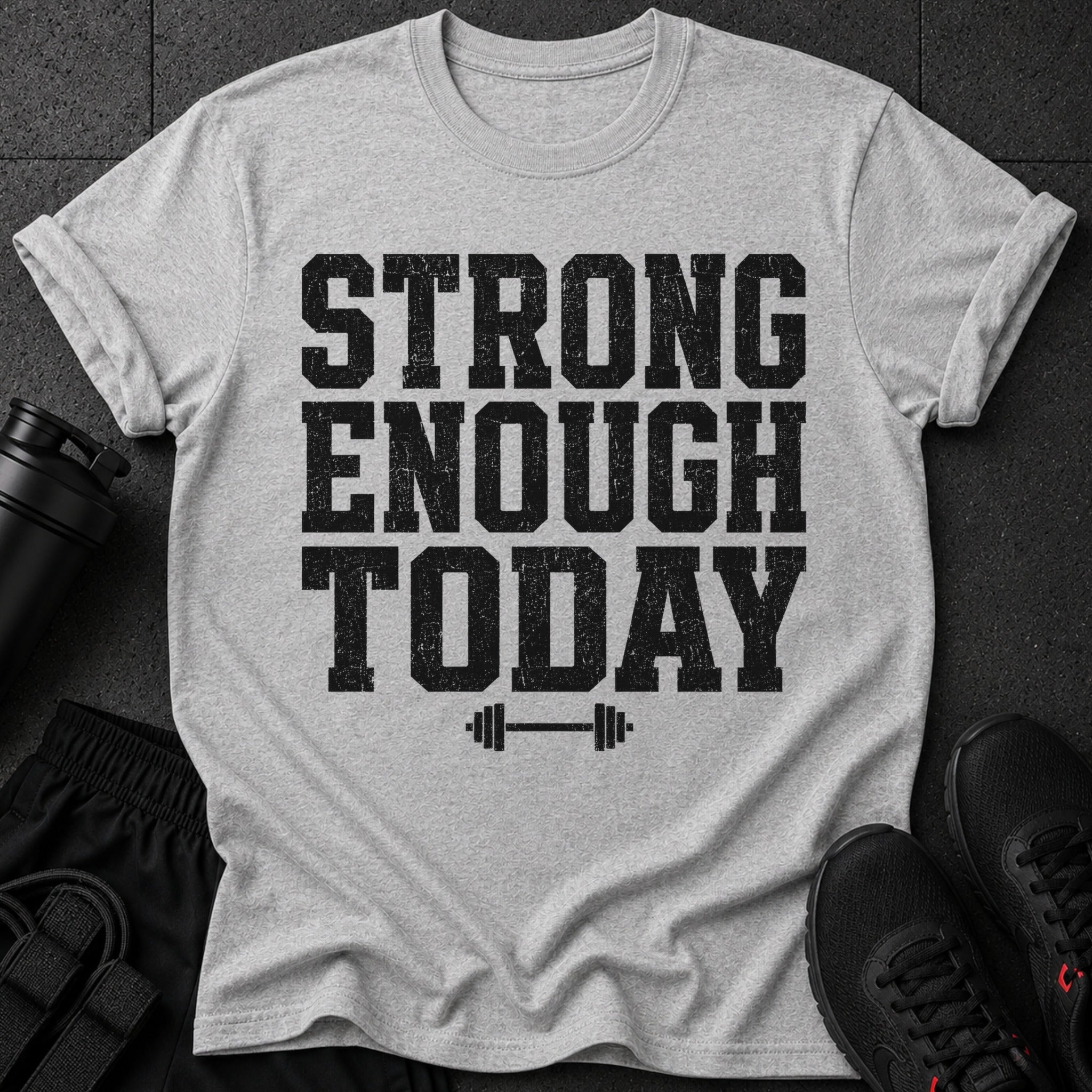 Grey t-shirt with black distressed text "STRONG ENOUGH TODAY" and a barbell graphic.