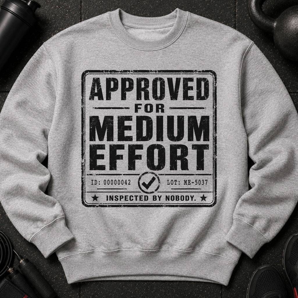 Gray sweatshirt with "APPROVED FOR MEDIUM EFFORT INSPECTED BY NOBODY" text.