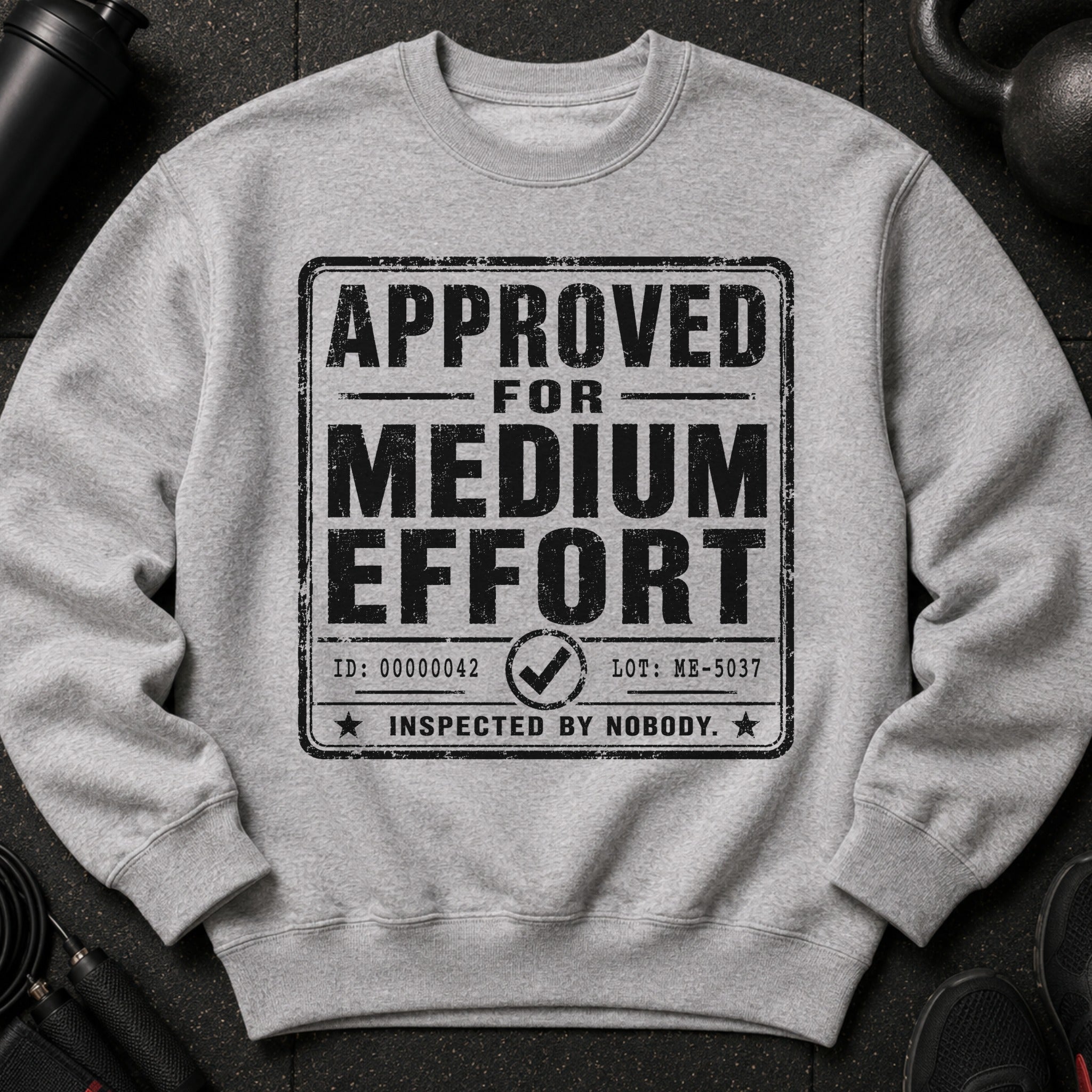 Gray sweatshirt with "APPROVED FOR MEDIUM EFFORT INSPECTED BY NOBODY" text.