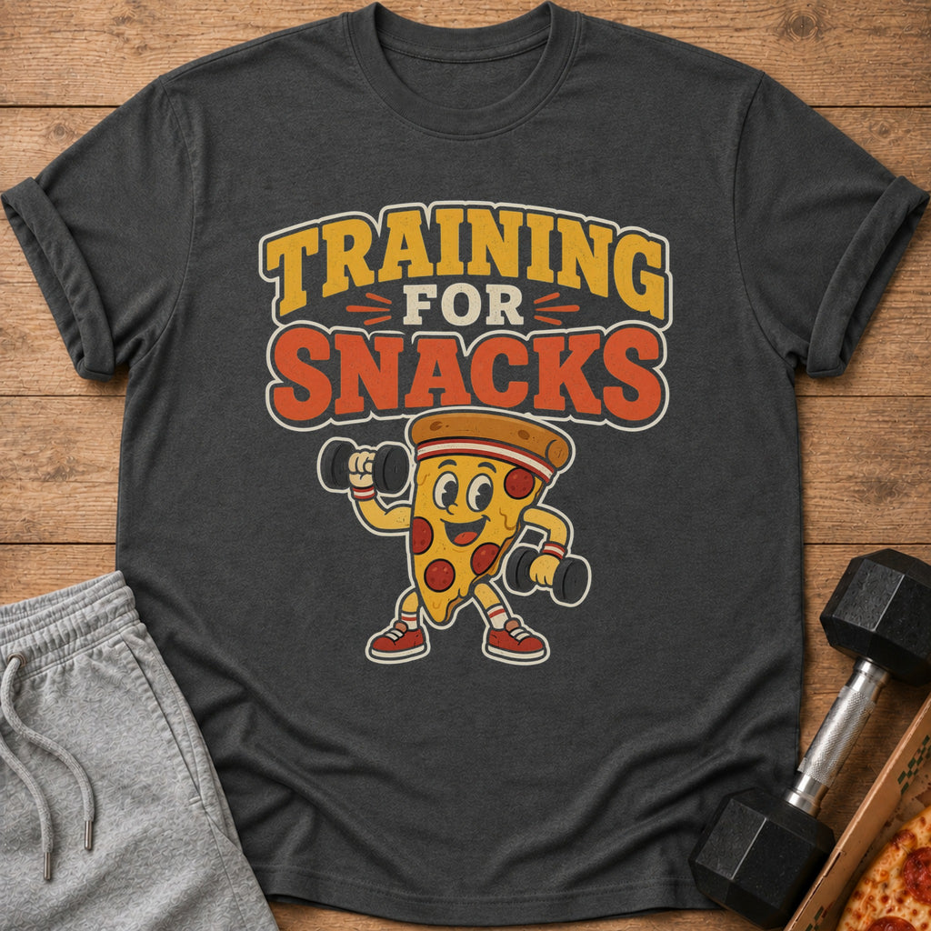 Gray t-shirt with "Training for Snacks" text and cartoon pizza lifting weights.