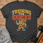 Gray t-shirt with "Training for Snacks" text and cartoon pizza lifting weights.