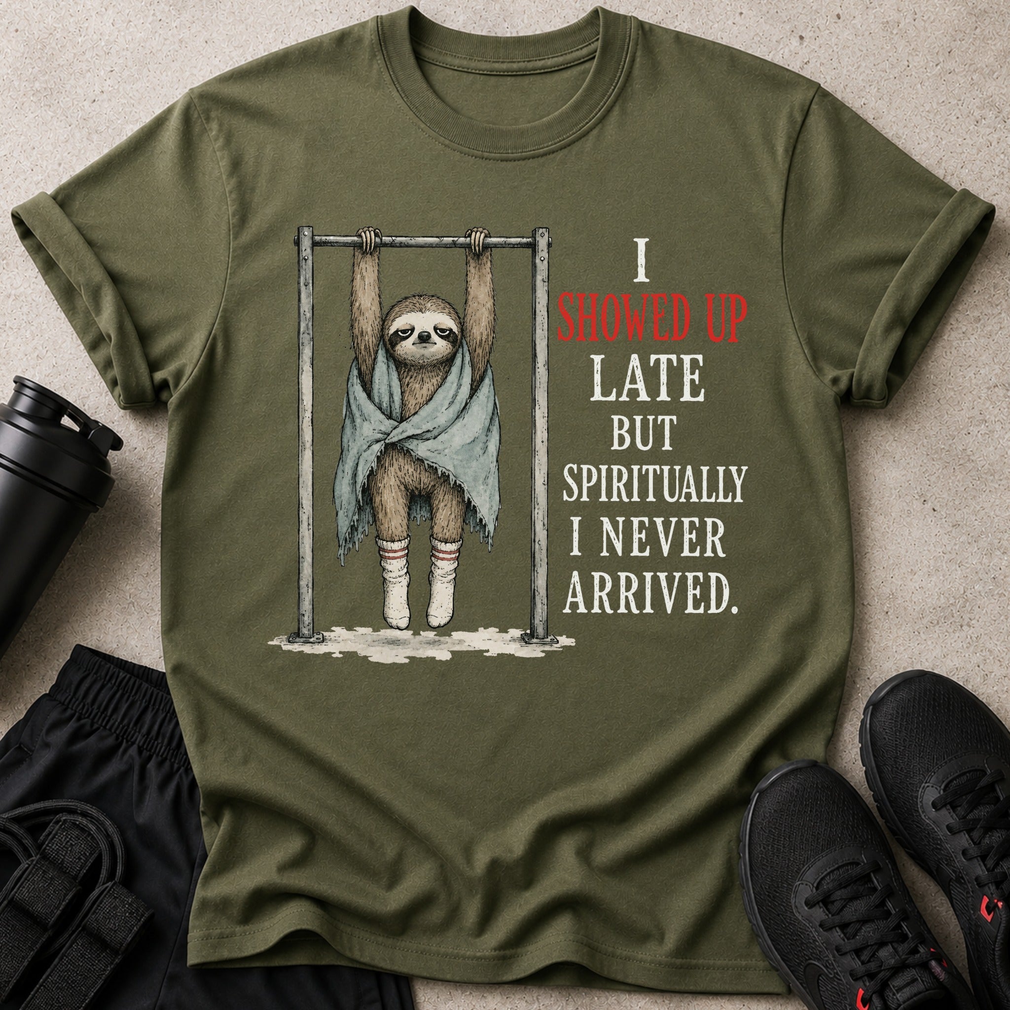 Green shirt with sloth graphic and text "I SHOWED UP LATE BUT SPIRITUALLY I NEVER ARRIVED."