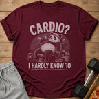 Maroon t-shirt with panda lifting weights and text "CARDIO? I HARDLY KNOW '10".