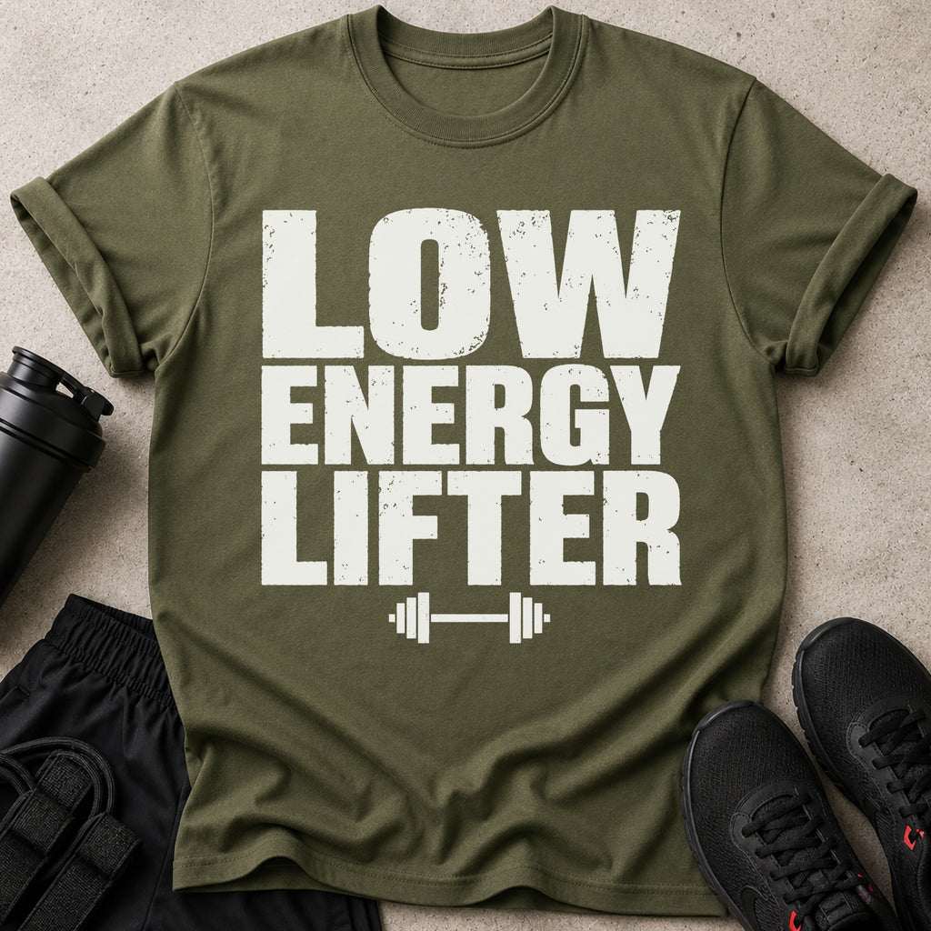 Green t-shirt with white text "LOW ENERGY LIFTER" and a barbell graphic.