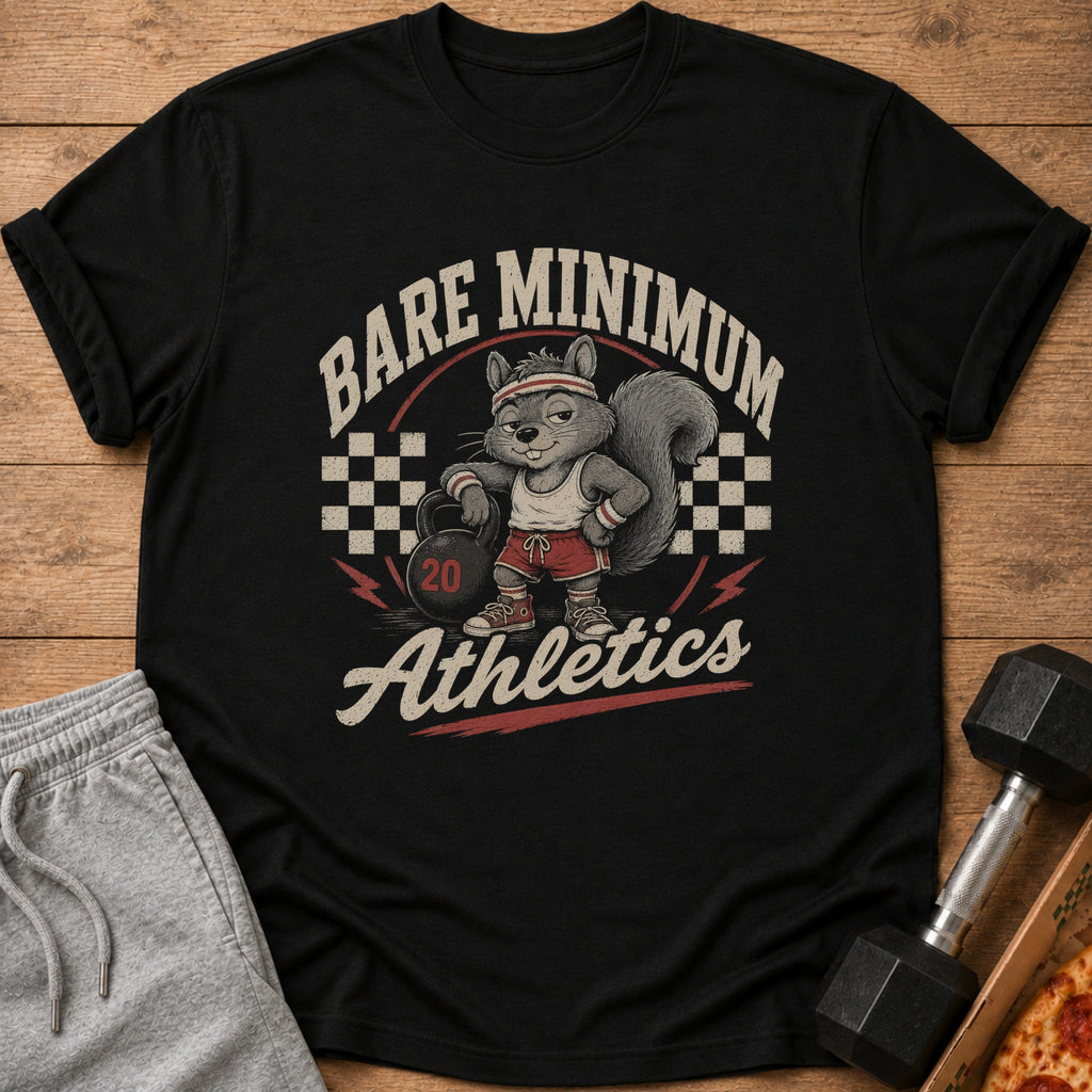 Black t-shirt with a cartoon squirrel holding a kettlebell, text "Bare Minimum Athletics".