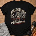 Black t-shirt with a cartoon squirrel holding a kettlebell, text "Bare Minimum Athletics".