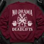 Maroon sweatshirt with graphic text "NO DRAMA JUST DEADLIFTS" and muscular bull.