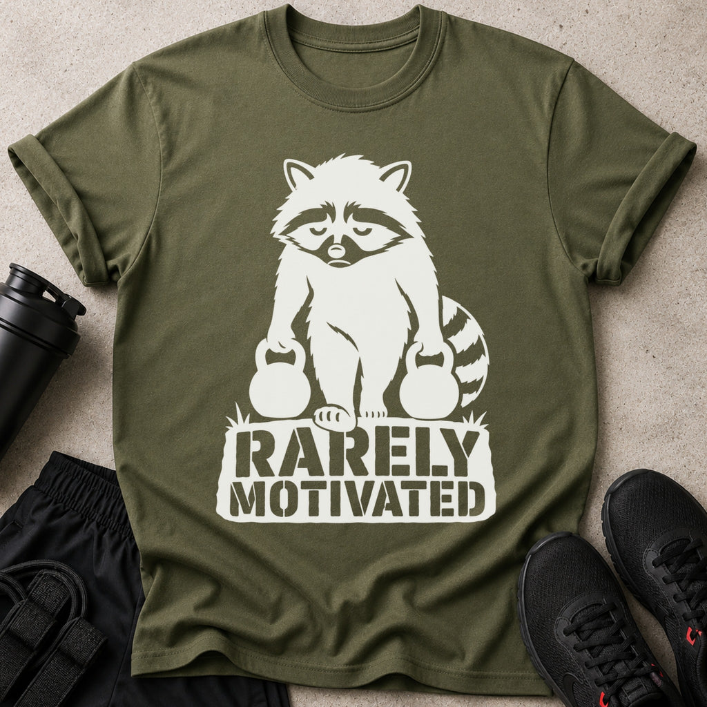 Olive green t-shirt with white graphic of raccoon holding dumbbells and text "RARELY MOTIVATED".