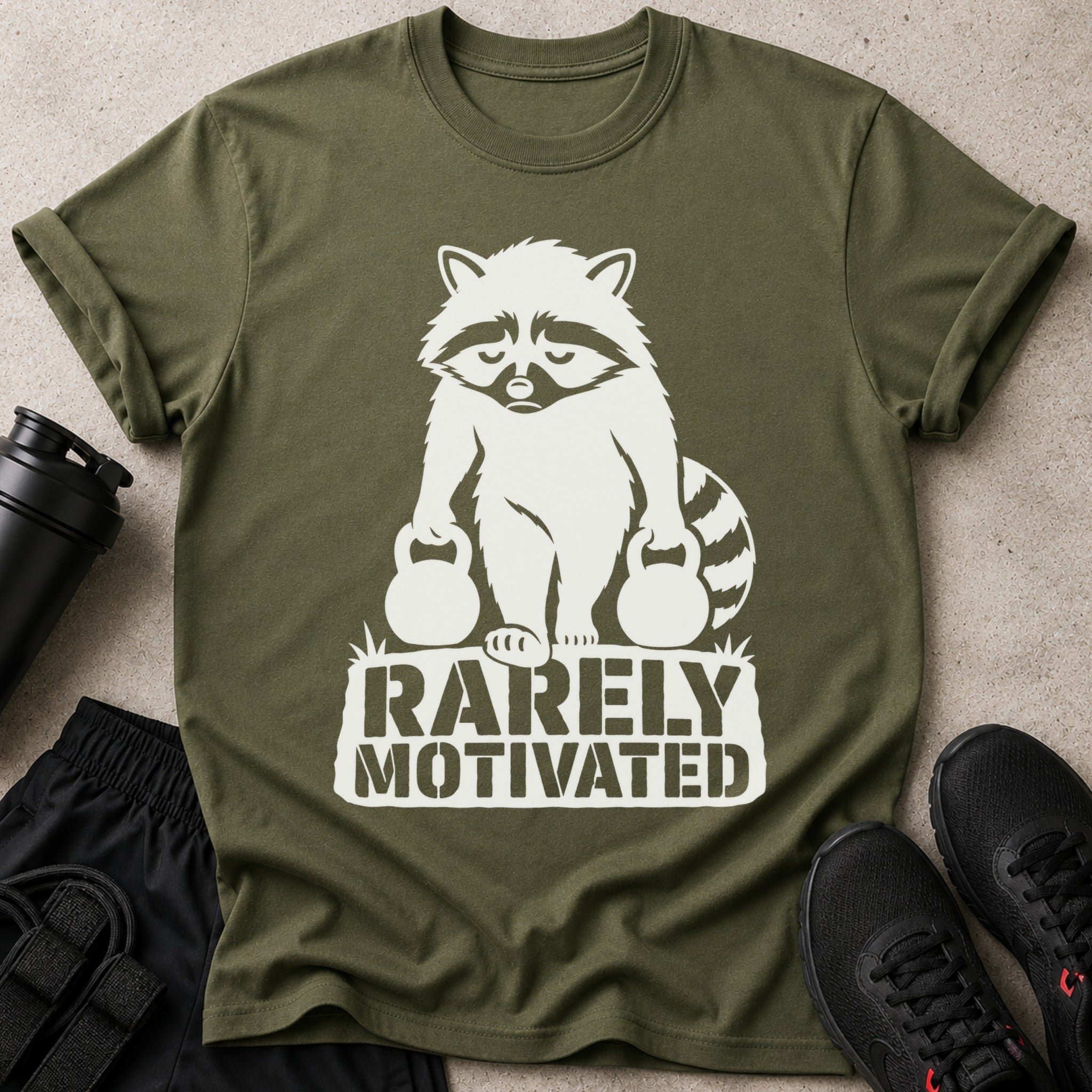 Olive green t-shirt with white graphic of raccoon holding dumbbells and text "RARELY MOTIVATED".