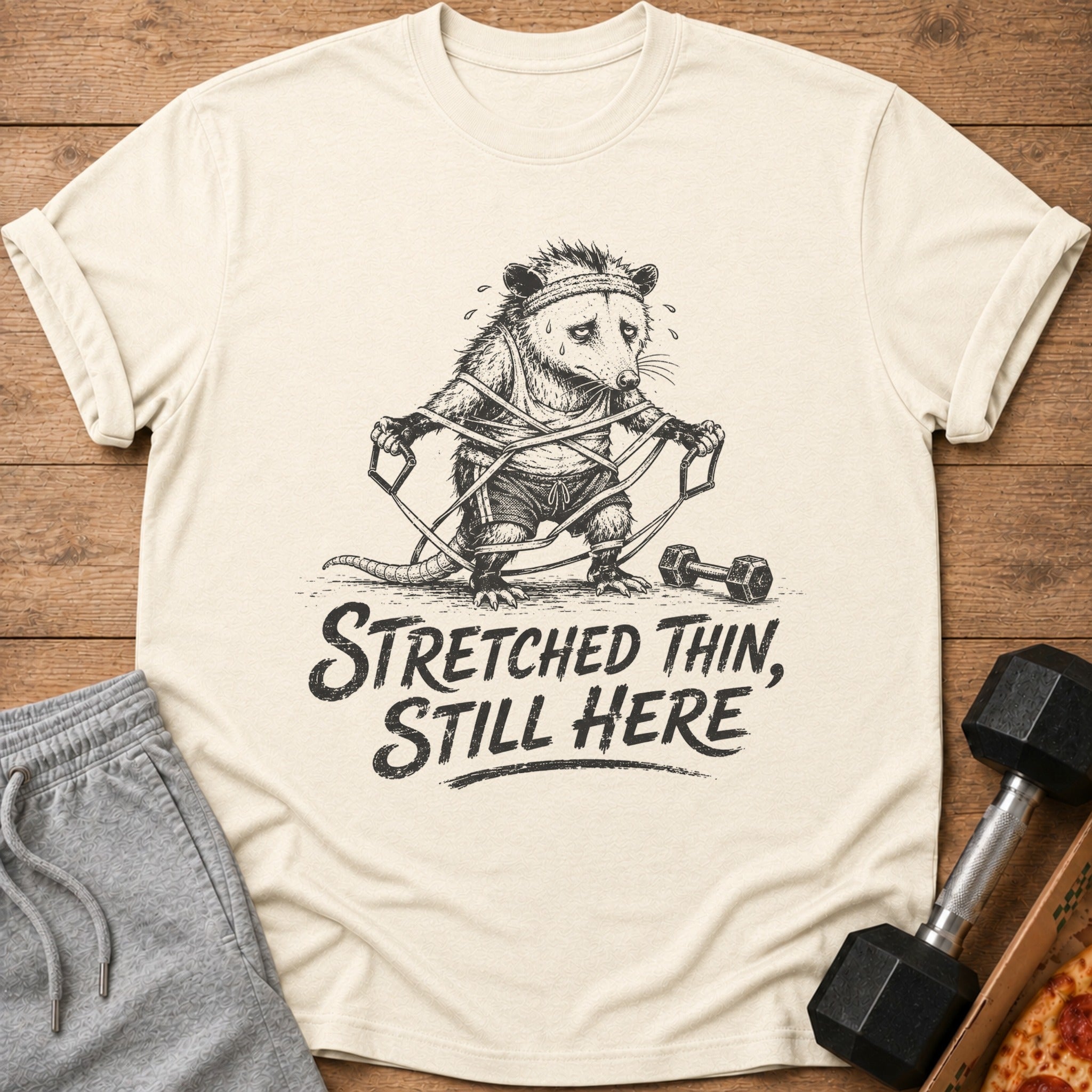 T-shirt graphic of a sweating opossum tangled in resistance bands, with text "Stretched Thin, Still Here".