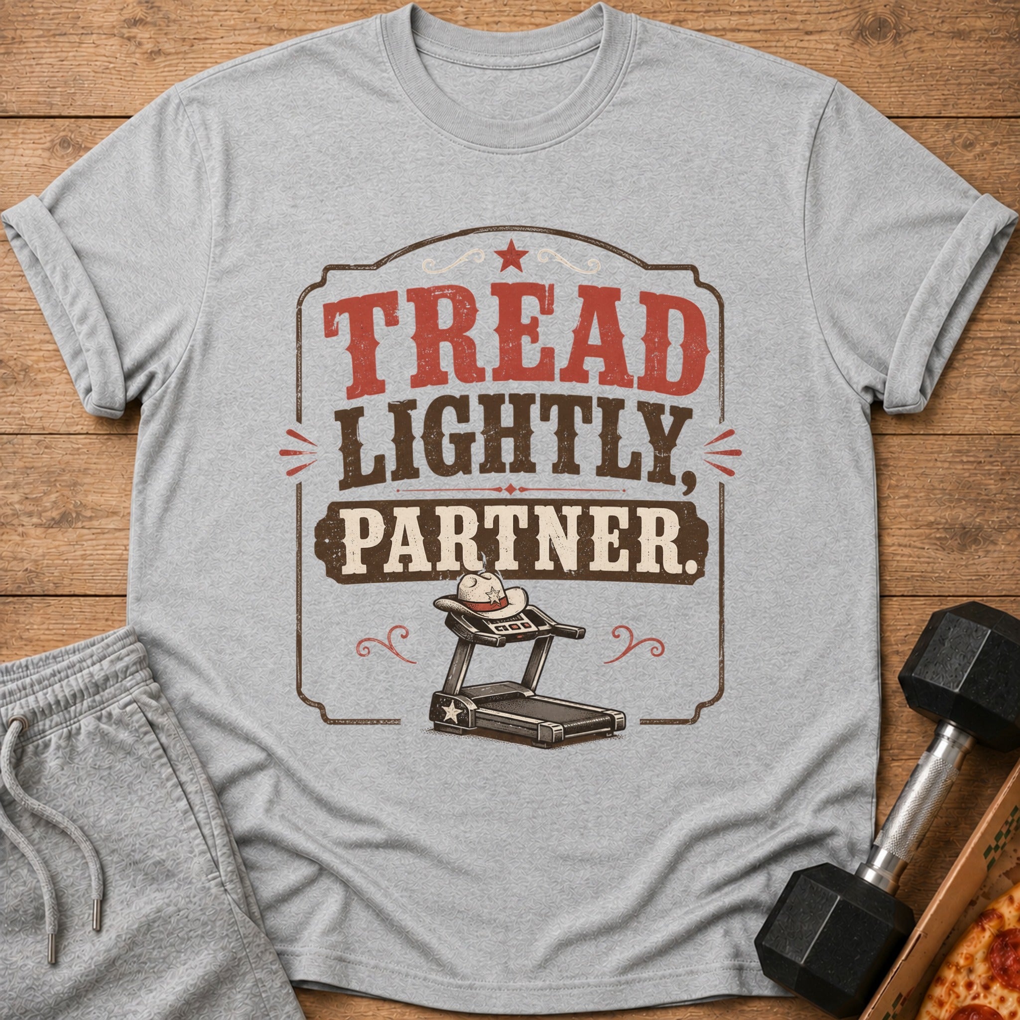 Grey t-shirt with "TREAD LIGHTLY, PARTNER." text and a cowboy hat on a treadmill.
