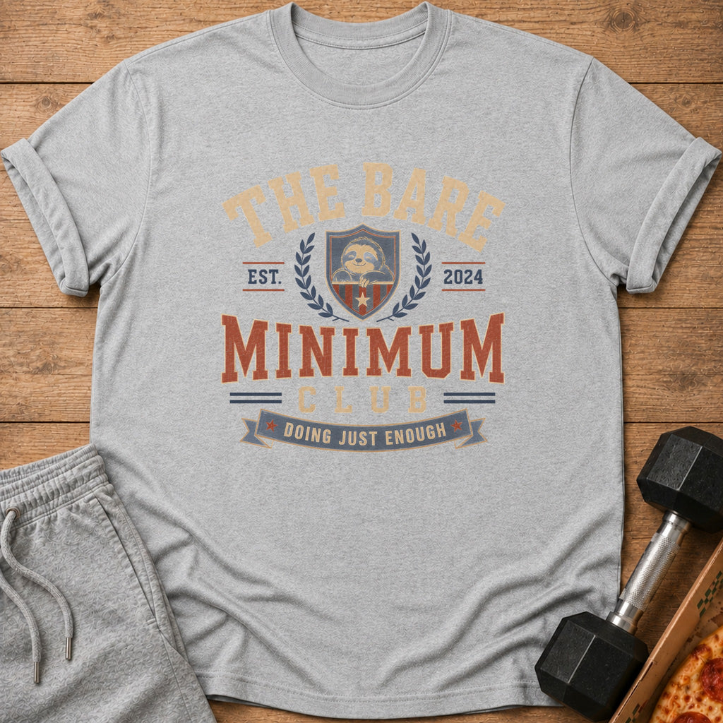 Grey t-shirt with "The Bare Minimum Club" and sloth design, est. 2024.
