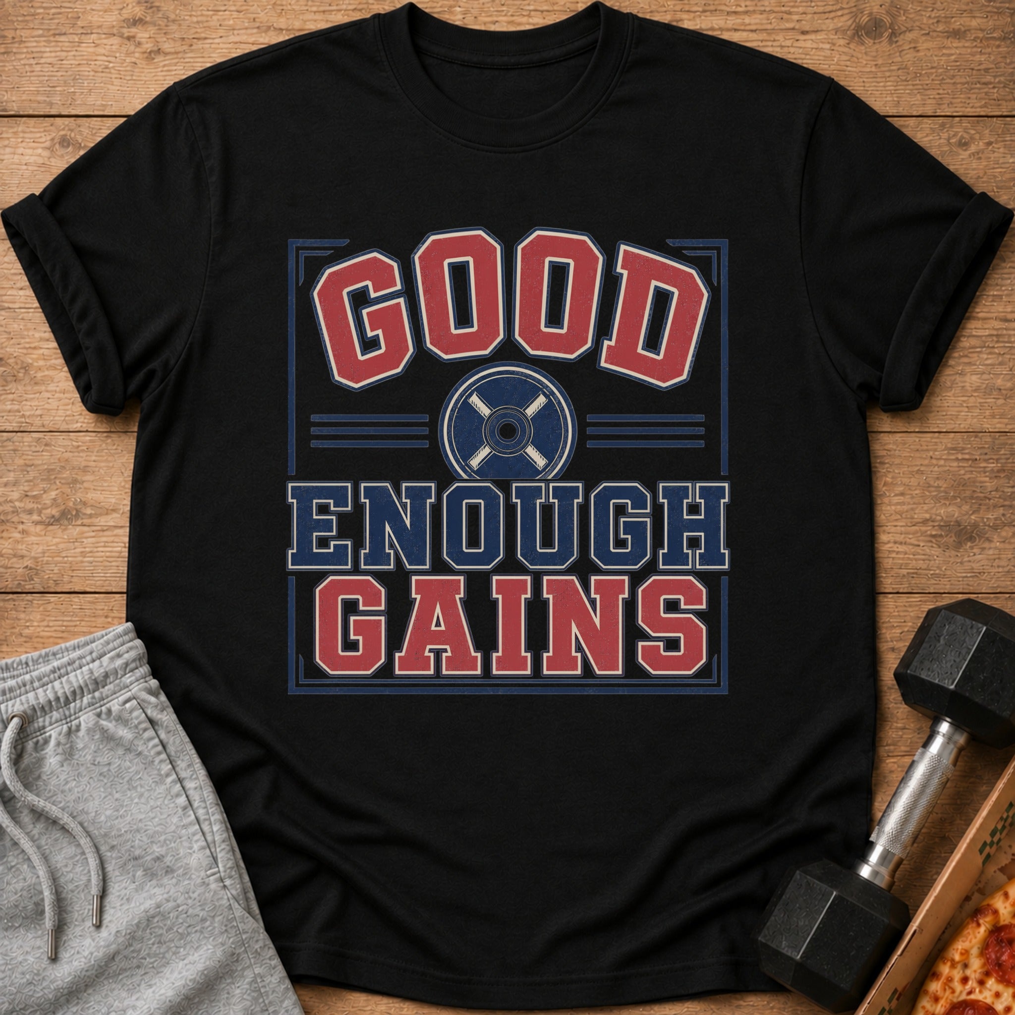 Black t-shirt with "GOOD ENOUGH GAINS" text and weight plate graphic.