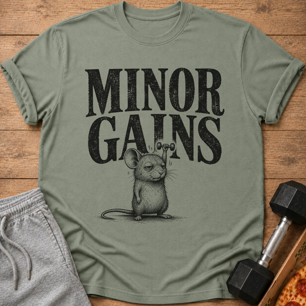 T-shirt with "MINOR GAINS" text and a mouse lifting a dumbbell.