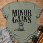 T-shirt with "MINOR GAINS" text and a mouse lifting a dumbbell.