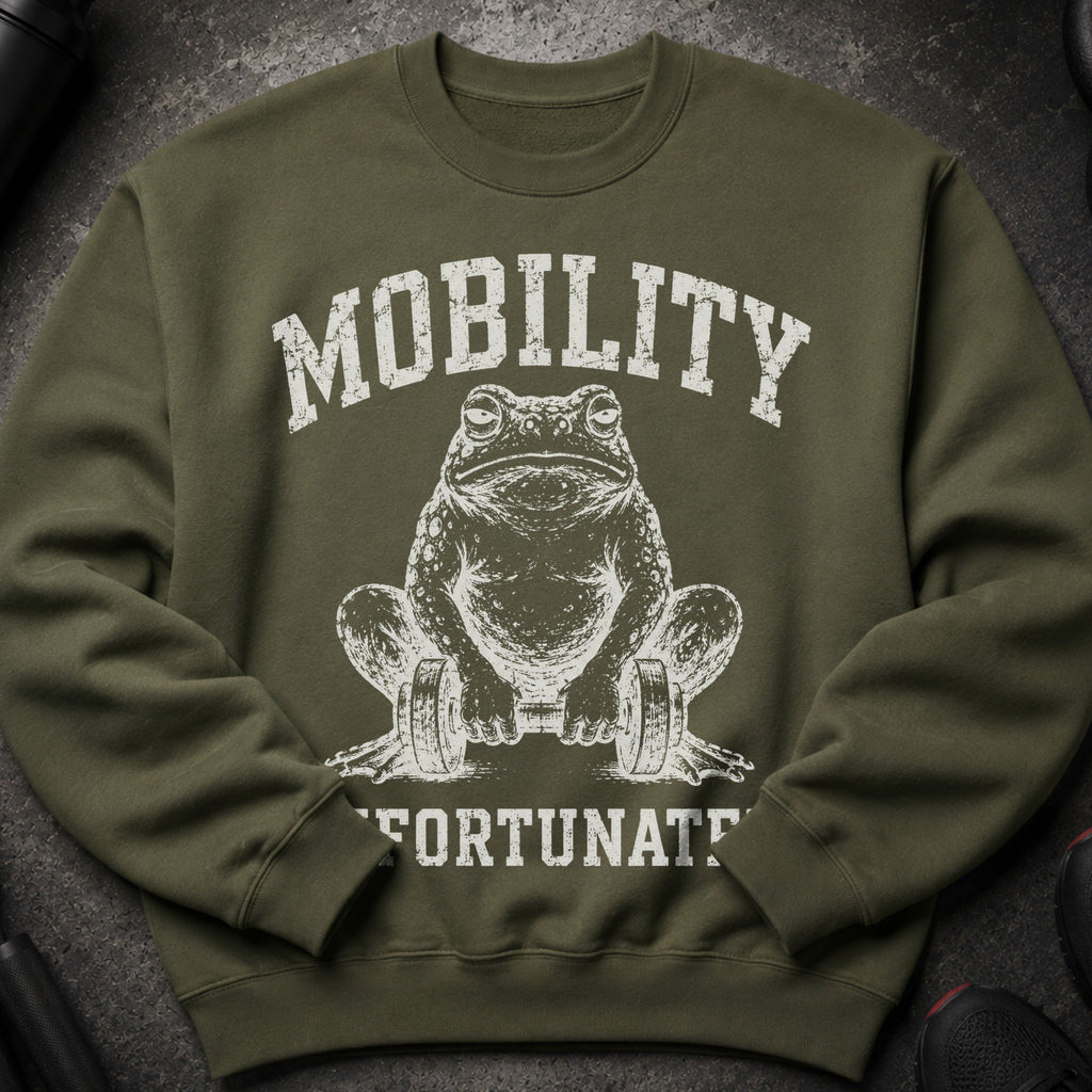 Olive green sweatshirt with white distressed print of a frog holding dumbbells and text "MOBILITY FORTUNATE".