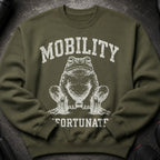 Olive green sweatshirt with white distressed print of a frog holding dumbbells and text "MOBILITY FORTUNATE".