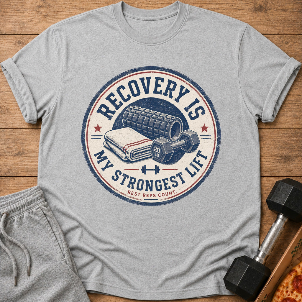 Grey t-shirt graphic with text "Recovery is my strongest lift. Rest reps count."