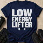 Navy t-shirt with white text "LOW ENERGY LIFTER" and barbell graphic.