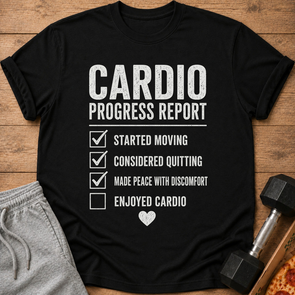 Black t-shirt with "CARDIO PROGRESS REPORT" and a checklist.