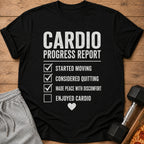 Black t-shirt with "CARDIO PROGRESS REPORT" and a checklist.