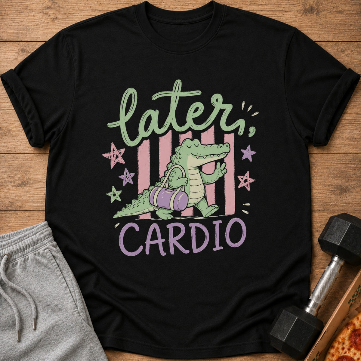 Black t-shirt with a cartoon alligator and "Later Cardio" text.