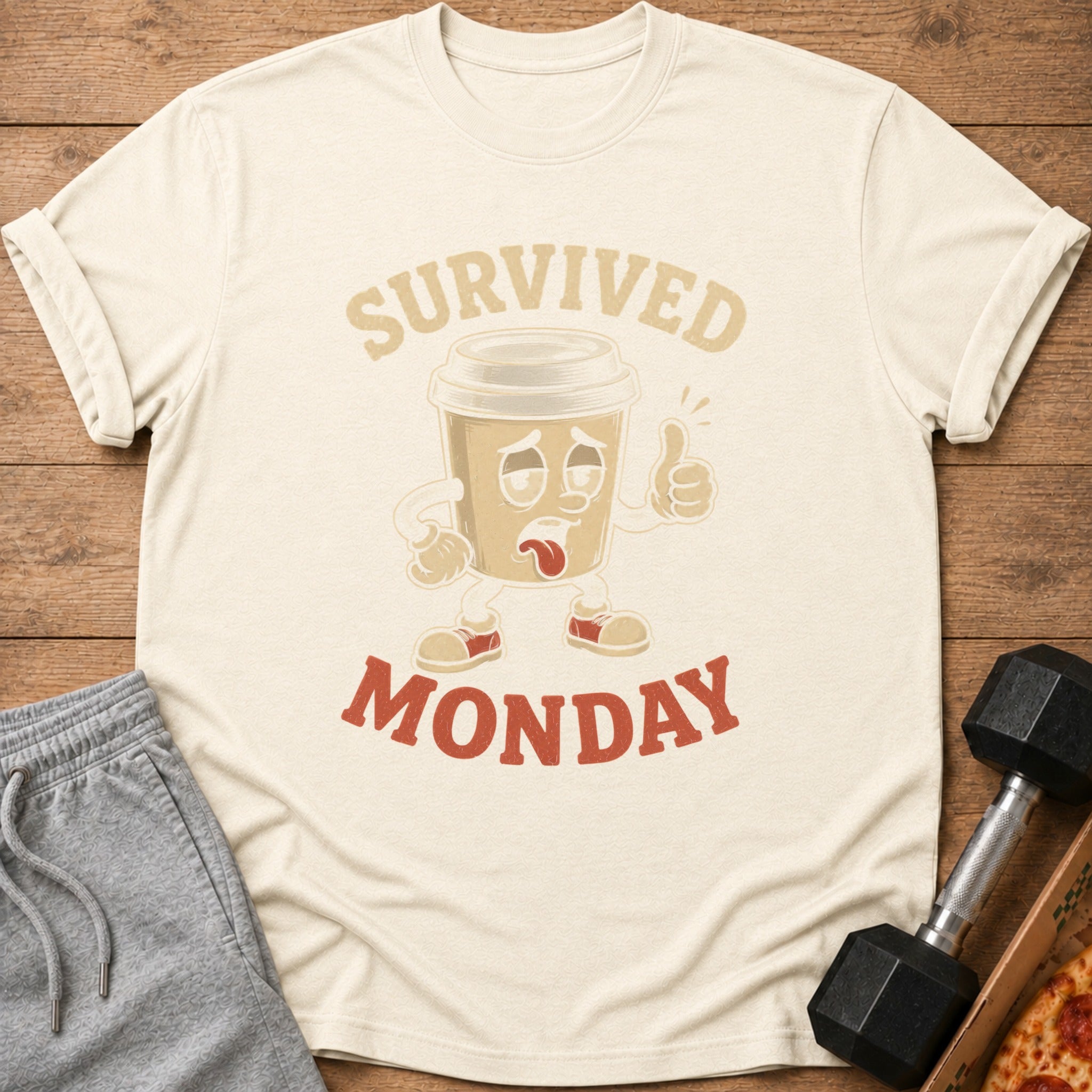 Cream t-shirt with cartoon coffee cup graphic and text "SURVIVED MONDAY".