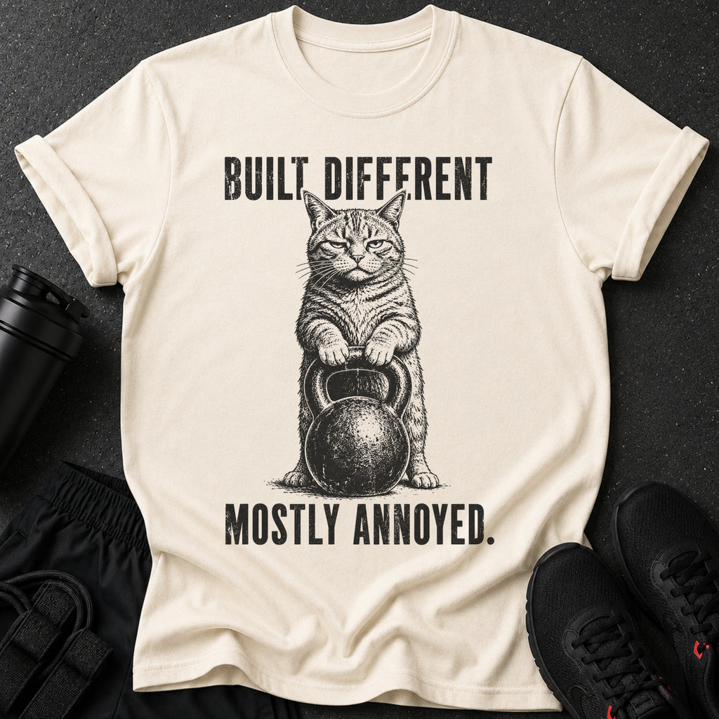 Cream t-shirt with black graphic of a cat holding a kettlebell and text "BUILT DIFFERENT MOSTLY ANNOYED."