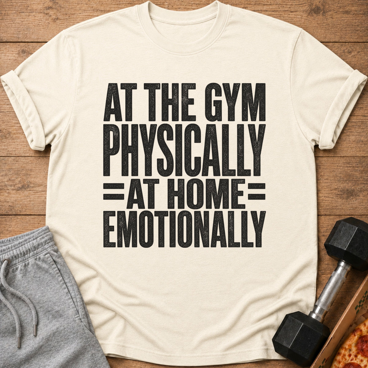 Cream t-shirt with black text: "At the gym physically = at home = emotionally."