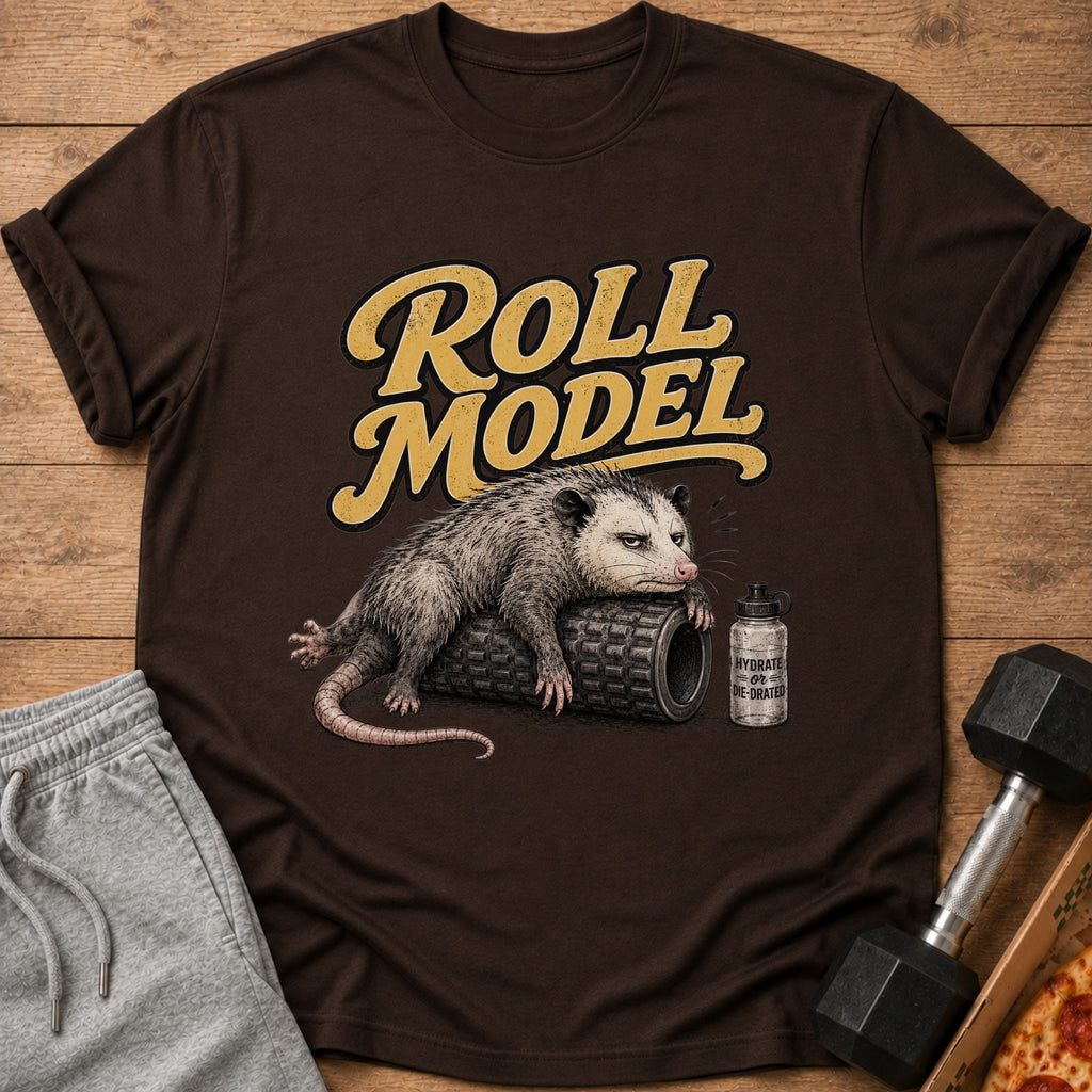 Brown t-shirt with opossum saying "Roll Model" and a water bottle.