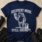 Navy t-shirt with white graphic of a frog holding a shaker and the text "RECOVERY MODE STILL GRUMPY."