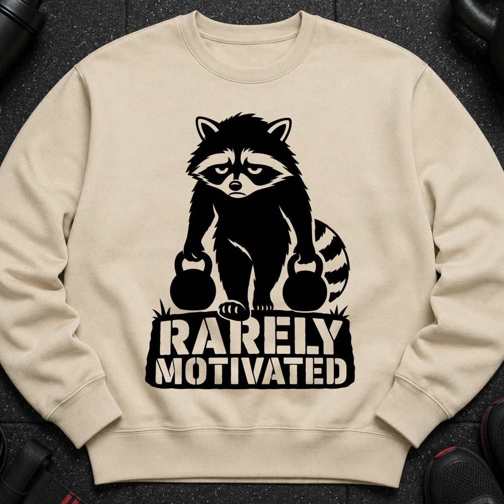 Crewneck sweatshirt with a black graphic of a raccoon holding kettlebells and the text "RARELY MOTIVATED".