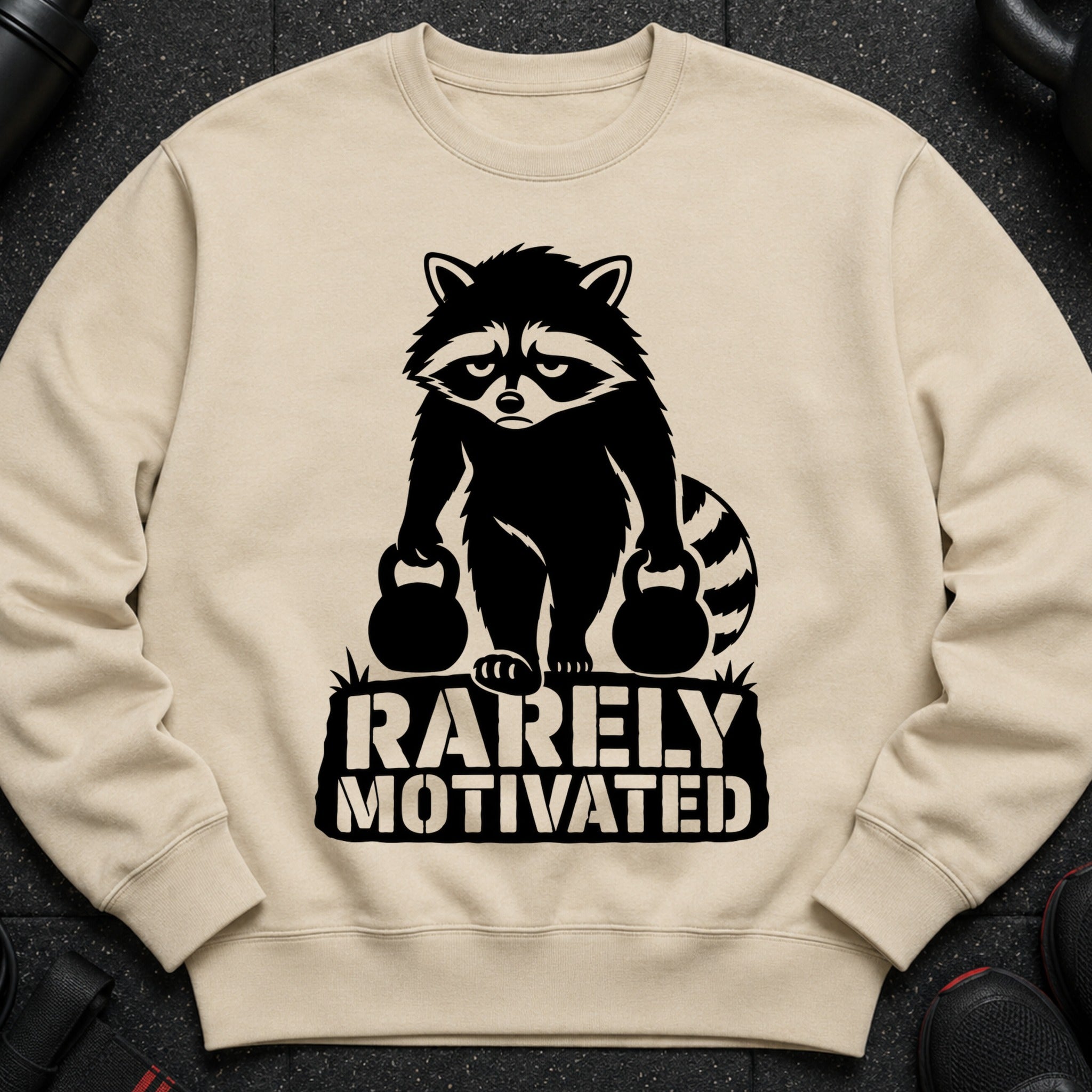Crewneck sweatshirt with a black graphic of a raccoon holding kettlebells and the text "RARELY MOTIVATED".