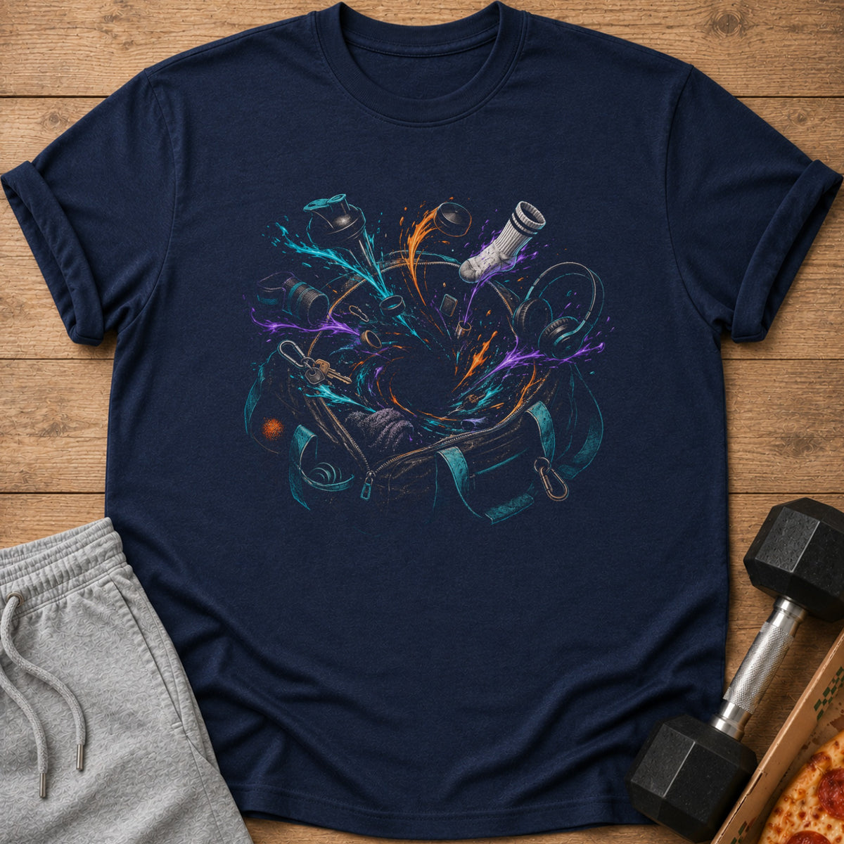 Dark navy t-shirt with colorful graphic of gym items exploding from a duffel bag.