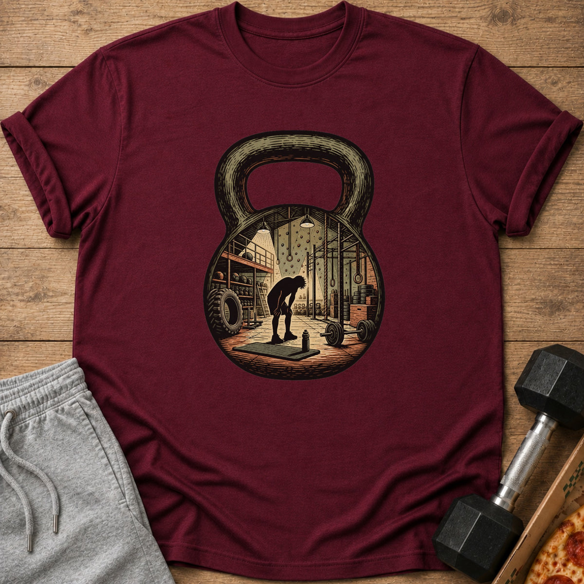 Maroon t-shirt with a kettlebell graphic containing a gym interior with a silhouette of a person.