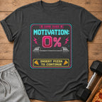 Dark grey t-shirt with pixelated "Game Over Motivation 0% Insert Pizza to Continue" graphic.