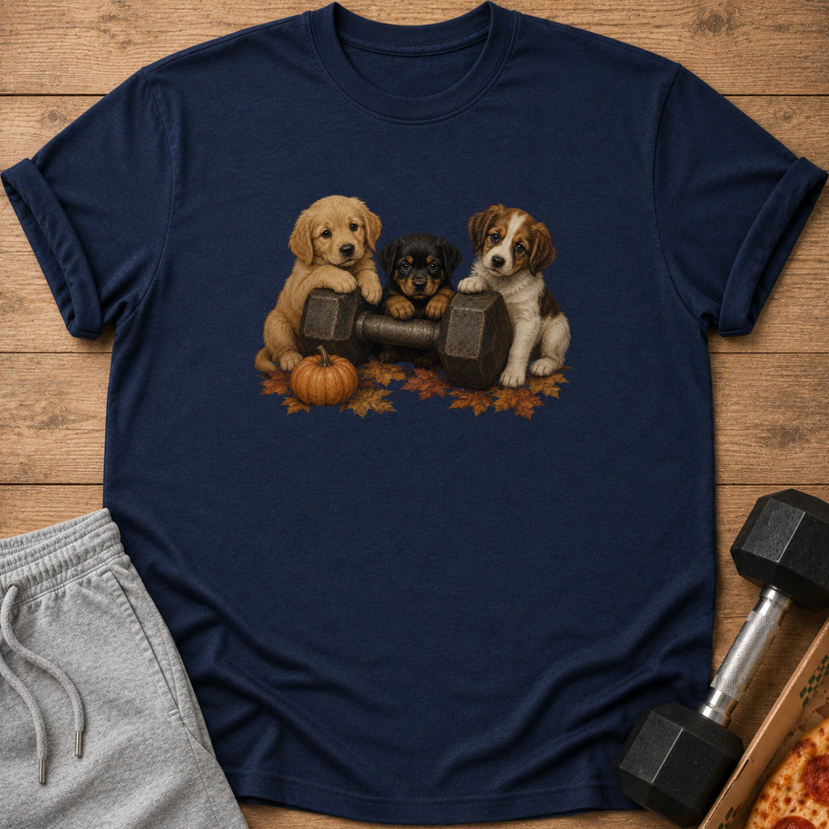 Three puppies sit with a dumbbell, pumpkin, and autumn leaves on a navy t-shirt.