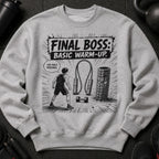 Crewneck sweatshirt with graphic: "FINAL BOSS: BASIC WARM-UP" and comic art.