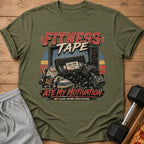 Fitness Tape design with VHS tape, sneakers, dumbbells, and text.