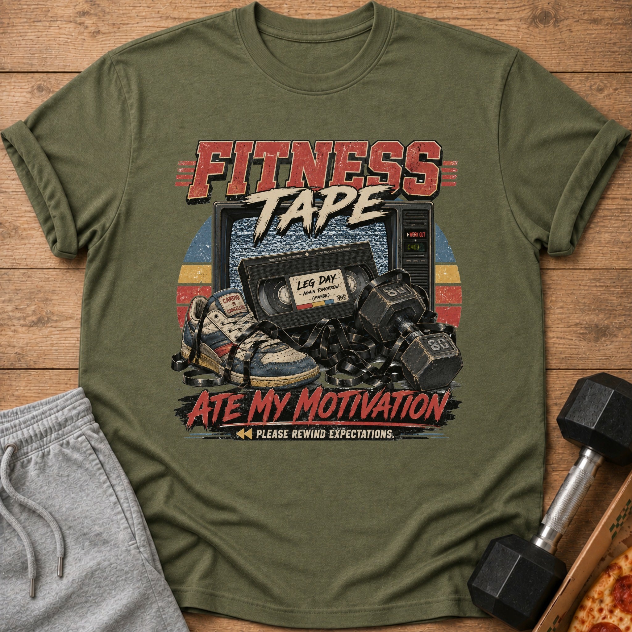 Fitness Tape design with VHS tape, sneakers, dumbbells, and text.